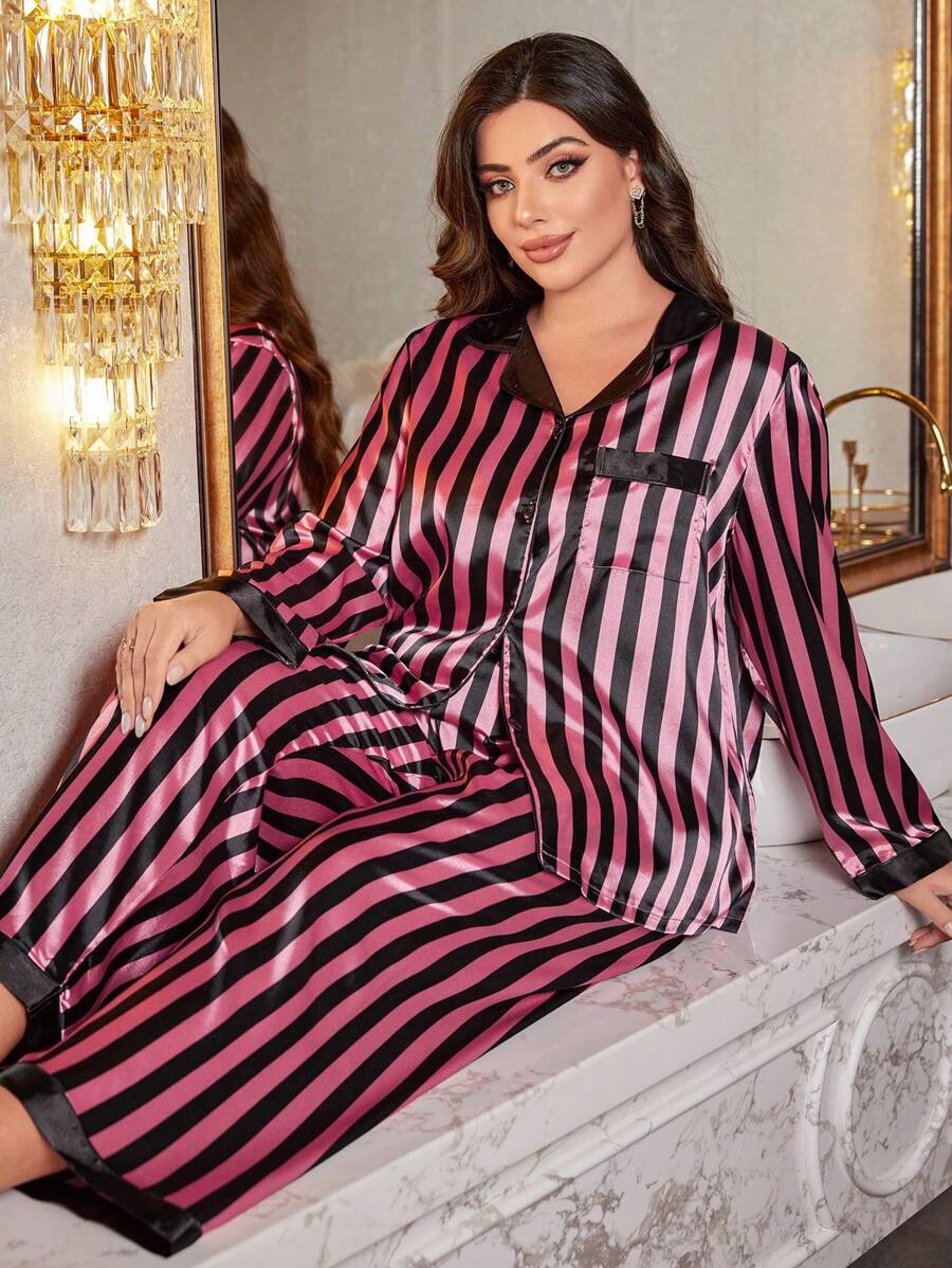 plus-size-women-contrast-stripe-faux-silk-pajama-set-with-collar
