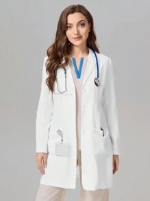 TaskEZ Women's V-Neck Long Sleeve Double Pocket Long White Coat Nurse/Doctor Work Uniform Autumn And Winter Ladies Outerwear, Health Check Surgical Gown Uniforms Women Solid Color Pet Grooming Work Uniform Tops Nutritionist Work Clothes Short Sleeve Laboratory Work Clothes, Multi-Pocket Functional Work Clothes, Functional Women's Clothing Can Be Worn On Christmas, Women's Fashion Coat, Front Placket Button Design Fashionable And Easy To Put On And Take Off