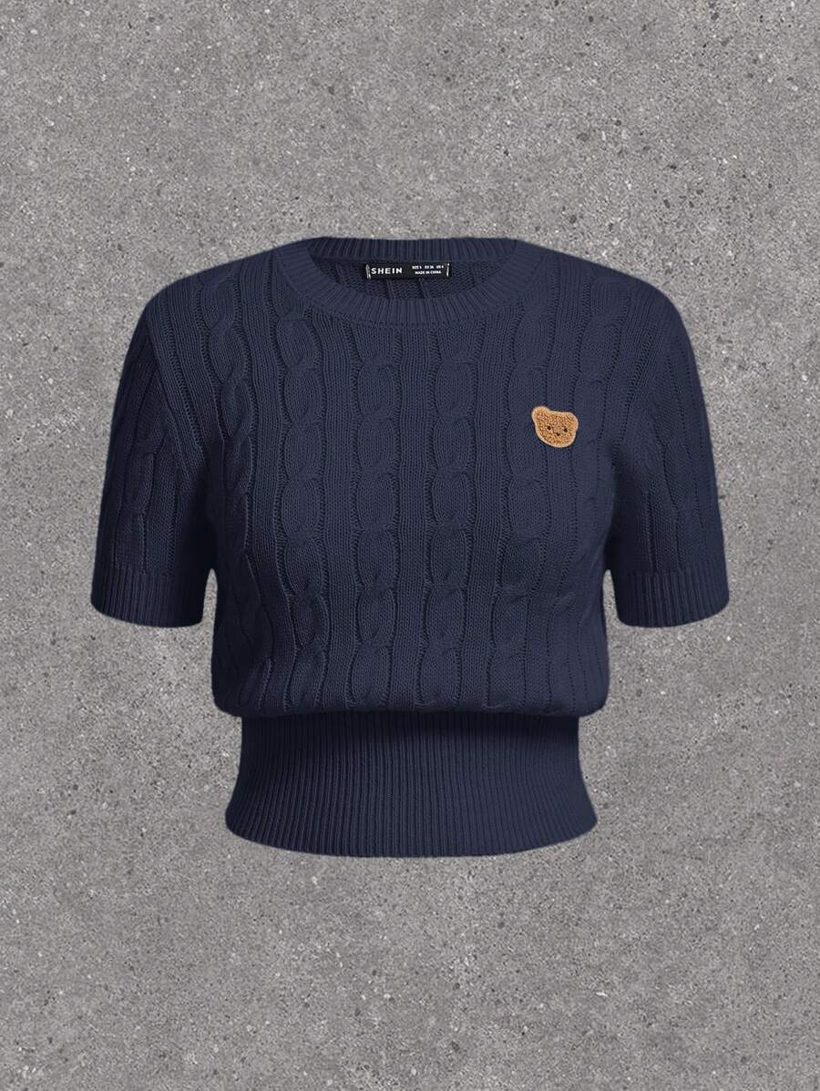 SHEIN EZwear 大码女式暖黄色可爱熊图案麻花针织纹理纯色圆领短袖修身针织上衣，夏季至初秋 - 藏蓝色 - 查看 1