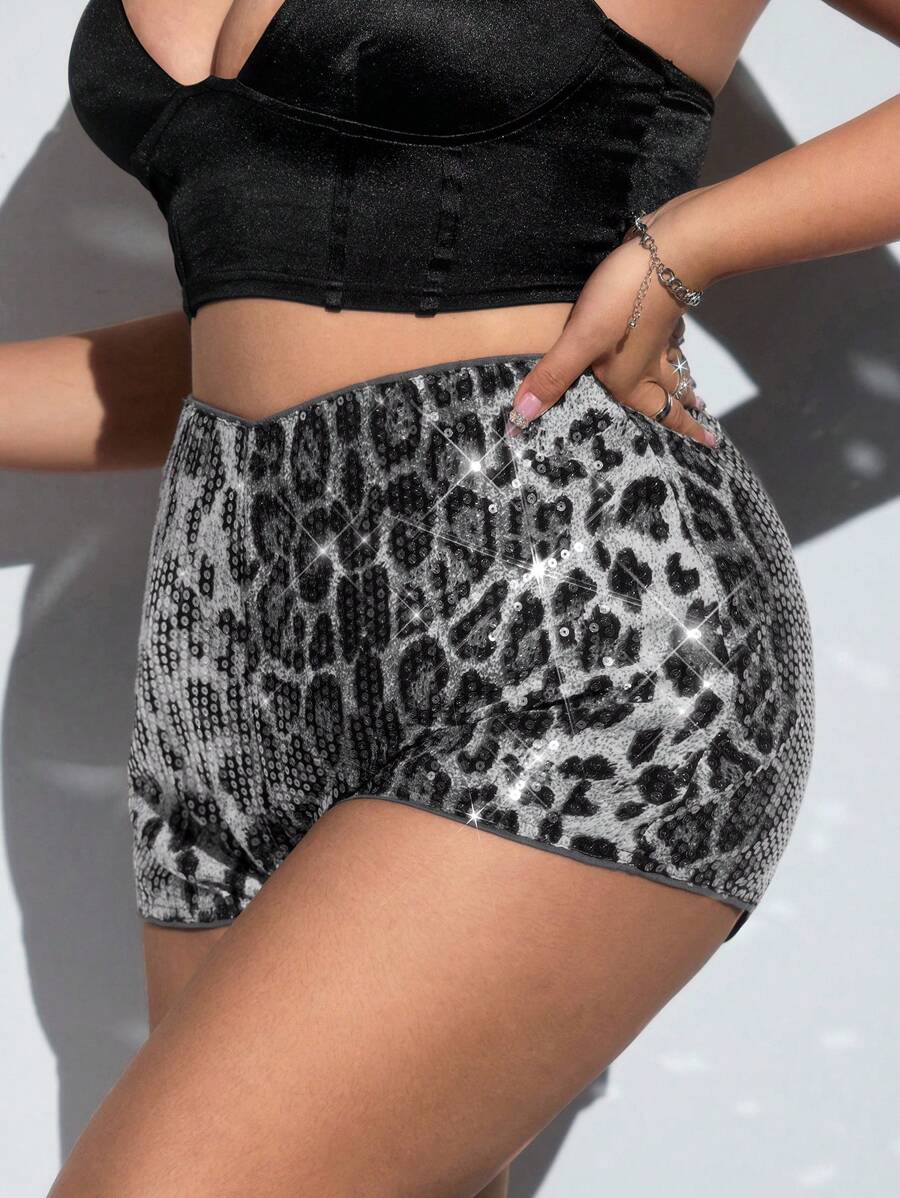 SHEIN ICON Plus Size Fashion Sequin Leopard Print Form-Fitting Mini Shorts - Black - View 1