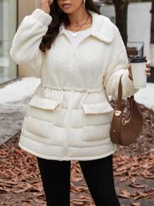 SHEIN Frenchy Plus Size Women's Winter Solid Color Drop Shoulder Long Sleeve Patchwork Fleece Casual Padded Coat - Apricot - View 6