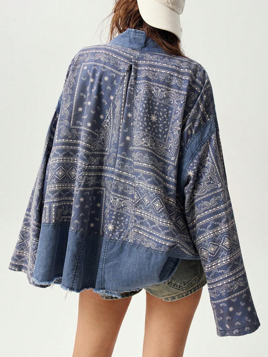 Bohemela Chaqueta suelta y casual de hombros caídos con tema vacacional para mujeres