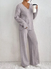 Chiquease 2pcs/Set Solid V-Neck Cable Pattern Long Sleeve Pullover Sweater And Long Underwear, Casual - Dusty Purple - View 4