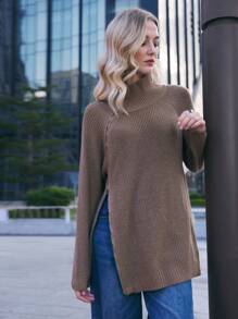 BizChic Pull col roulé pour femme, pull fashion à manches longues couleur café, tenue de bureau pour femmes, printemps/été