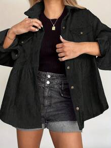 INAWLY Plus Size Women Button Down Casual Solid Color Shirt - Black - View 3