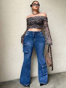 SHEIN ICON Plus Size Sexy Tight Fit Flared Leg Blue Jeans - Medium Wash - View 6