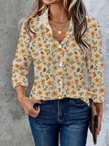 EMERY ROSE Casual Minimalist Floral Pattern Loose Cardigan Shirt For Women, Suitable For Autumn & Winter