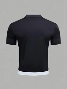 Manfinity Homme 男士纯色拼布短袖休闲 Polo 衫 - 黑與白 - 查看 2