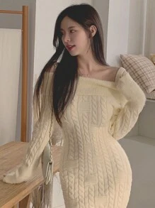 DAZY Women Fluffy Off Shoulder Strap Long Sleeve Bodycon Sweater Dress, Warm And Cozy