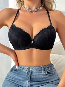 DesireSculpt 1 pieza Sujetador de lencería con relleno acolchado y aros para mujer, con diseño de encaje y parches sexy