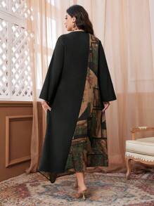 Mulvari Plus Size Autumn Casual Patchwork Print Asymmetrical Dress Maxi Women Outfit - Black - View 2