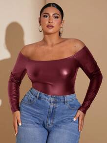 SHEIN BAE 大码女式优雅性感露肩紧身衣，舒适 PU 皮革长袖，适合约会、万圣节派对、夜店穿着，百搭 - 酒紅色 - 查看 4