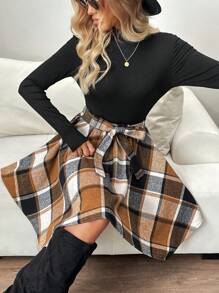 SHEIN LUNE Women Casual Colorblock Plaid Patchwork Long Sleeve Mini Dress, Basic Autumn/Winter Outfit - Multicolor - View 5