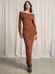 AiiRZ Ribbed Knit Off Shoulder Maxi Sweater Dress Long Sleeve Winter Fall Autumn Bodycon Evening Holiday Party Formal - Brown - View 1