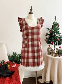 SHEIN Frenchy Plus Size Plaid Patchwork Fleece Casual Dress, Suitable For Party, Gathering, New Year, Christmas, Autumn/Winter - Red and White - View 3