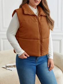 SHEIN Frenchy Plus Size Autumn/Winter Casual Warm Zip-Up Sleeveless Padded Vest