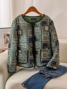 SHEIN Frenchy Plus Size Winter Casual Patchwork Print Drawstring Padded Coat,Winter,Warm - Multicolor - View 1