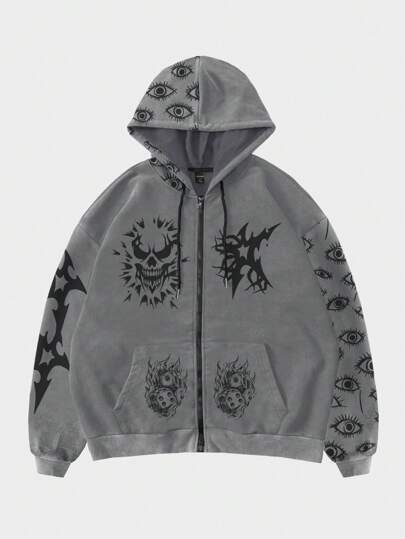 Street Life Sudadera con capucha suelta y lavada con estampado de ojo para hombre