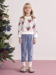 SHEIN 年轻女孩白色全印花套头衫，圆领，长袖，简约细节，适合日常休闲装、秋冬季、圣诞节 - 米色 - 查看 5