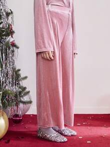 SHEIN Tween 女童优雅休闲宽松褶皱水钻天鹅绒喇叭裤，适合秋冬季圣诞节、新年派对 - 粉色 - 查看 5