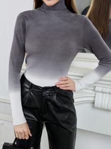 Modelyn Ombre High Neck Knit Sweater Undershirt, Body-Fitted Dyed Design Knit Pullover Fall Winter Outfit - Multicolor - View 6