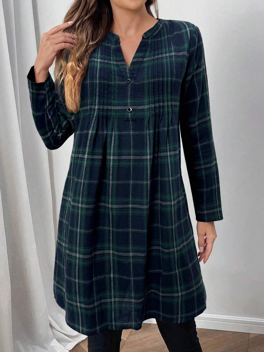 EMERY ROSE Fall Women Clothes Women's Front Button Long Sleeve Plaid Casual Mini Dress - Dark Green - View 1