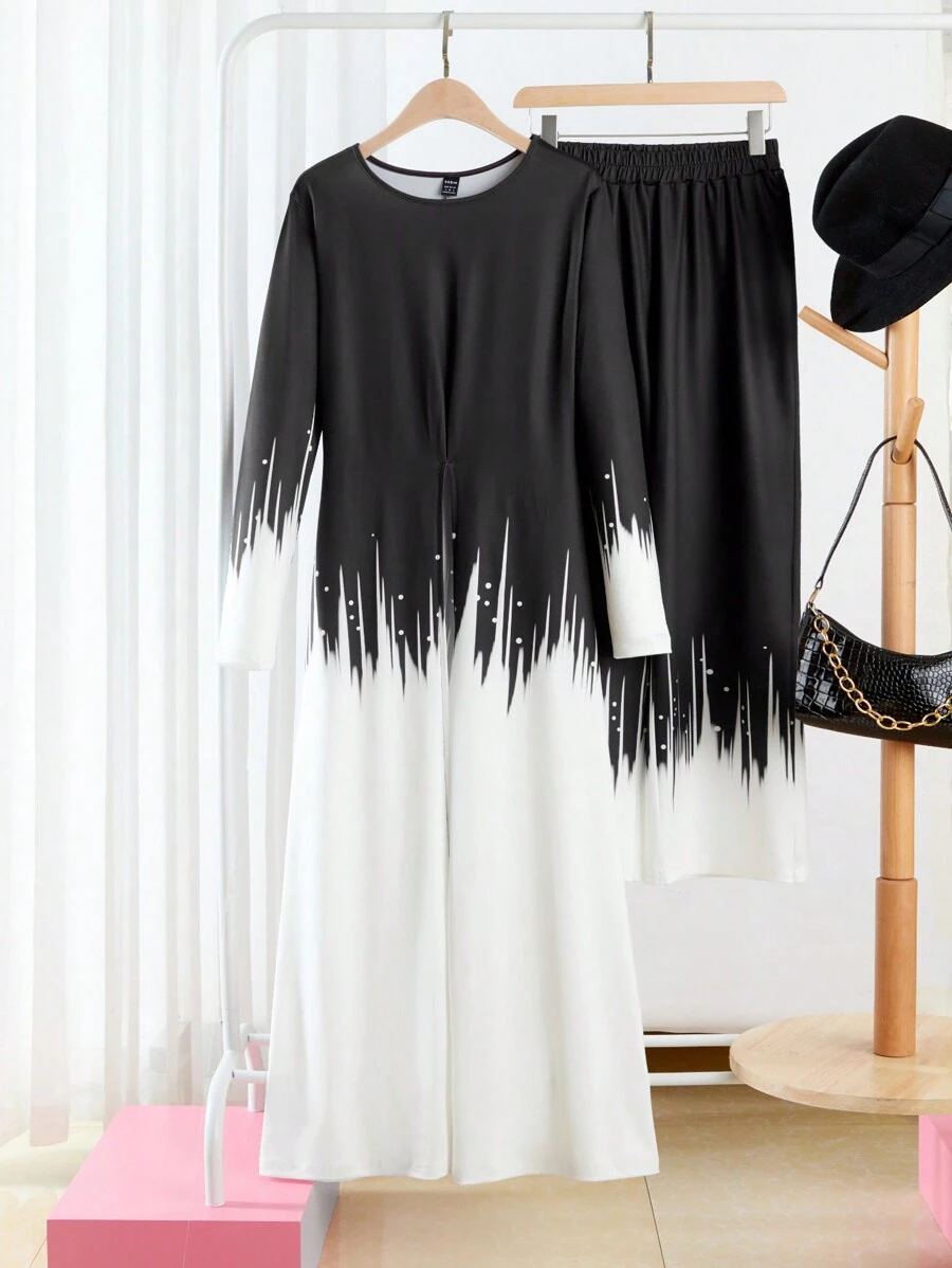 SHEIN LUNE 2pcs Women Contrast Color Round Neck Long Sleeve Long Top And Pants Regular Loose Suit Set, Autumn - Black and White - View 1