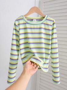 SHEIN Tween Girls Casual Knit Colorful Striped Crew Neck Long Sleeve Top