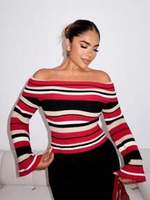 Zolique Women's Contrast Color Stripe Knitted Sweater With Flared Sleeves And Off Shoulder Neckline, Suitable For Autumn/Winter Fall - Multicolor - View 5