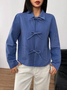 SHEIN EZwear Casual Woven Turndown Collar Long Sleeve Washed Women Shirt - Blue - View 1