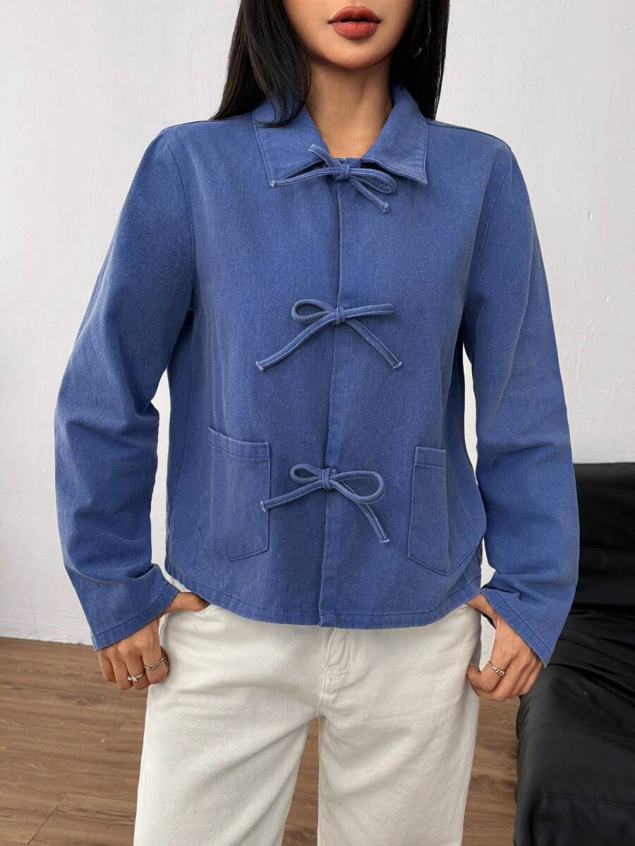 SHEIN EZwear Casual Woven Turndown Collar Long Sleeve Washed Women Shirt - Blue - View 1