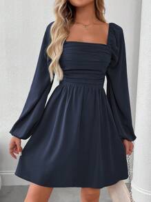 EMERY ROSE Vestido casual de manga farol de unicolor para mujer, otoño - Azul Marino - Ver 5