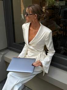 Aloruh 女式新款翻领交叉裹身侧蝴蝶结衬衫，秋冬 - 白色 - 查看 5