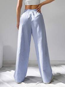SHEIN EZwear 女式休闲条纹格子细节阔腿直筒裤 - 藍色 - 查看 2