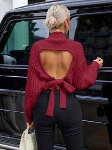 SHEIN Privé Women's Autumn/Winter Casual Backless Twist Dropped Shoulder Long Sleeve Cropped Sweater