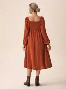 SHEIN Váy bầu thanh lịch cho nữ, tay bồng, kiểu xoắn nơ phía trước, màu đỏ gỉ, mùa thu - Rỉ Nâu - Xem 3