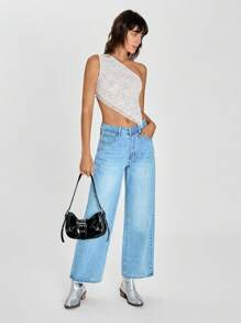 SHEIN EZwear Blusa de mujer de unicolor sin mangas con hombros de encaje y bajo asimétrico ajustada