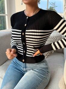 Chiquease Striped Print Slim Fit Metal Button Front Cardigan