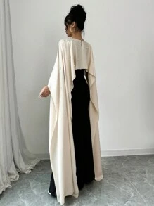 Elenzga 2-In-1 Splice Poncho & Beaded Accent Splice Dress Maxi Women Outfit - Multicolor - View 2