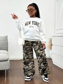 2 Peças/Conjunto Conjunto Casual de Menina Pré-Adolescente com Estampa de Slogan Oversized Térmica Forrada e Calça Cargo com Estampa de Camuflagem - Branco - Visão 7