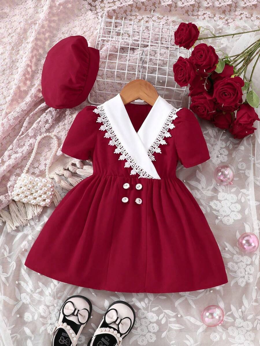 SHEIN 寶寶女孩拼色披肩領紐扣細節造型腰帶禮服 - 酒紅色 - 查看 1