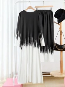 SHEIN LUNE 2pcs Women Contrast Color Round Neck Long Sleeve Long Top And Pants Regular Loose Suit Set, Autumn - Black and White - View 2