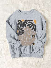 SHEIN LUNE 休闲简约方形几何花卉印花圆领宽松女式运动衫，秋冬 - 淺灰色 - 查看 3