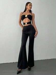 Aloruh Women's Solid Color Hollow Pleated Halter Backless Sexy Sleeveless Jumpsuit