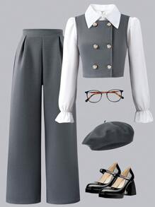 SHEIN 青少年女孩喇叭袖领衬衫 + 开衫背心 + 裤子 3 件套服装 - 灰色 - 查看 5