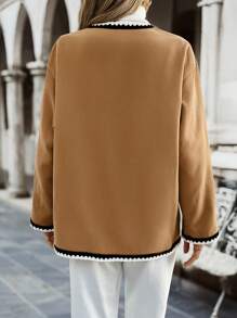 SHEIN Clasi 女式秋冬拼接缎带落肩长袖单排扣休闲大衣 - 駝色 - 查看 2