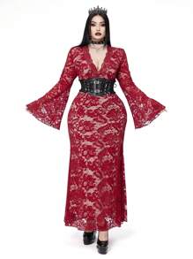 Flirla 哥特式风格加大码酒红色蕾丝喇叭袖 V 领连衣裙，优雅派对装勃艮第长款哥特式女装 - 酒紅色 - 查看 4