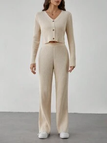 SHEIN Tall Khaki Ribbed Knit Cardigan & Knit Pants - Apricot - View 8