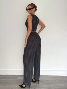 SHEIN Essnce Completo da donna 2 pezzi, canotta senza maniche e pantaloni a righe, abbigliamento da ufficio, abbigliamento da insegnante, completo formale, completo casual a righe da due pezzi, completi da donna, tailleur, streetwear