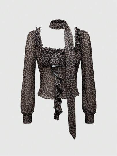 Kawaii Damen Y2K Vintage T-Shirt mit Rüschen, Schleife, weitem Glockenärmel und Leoprint